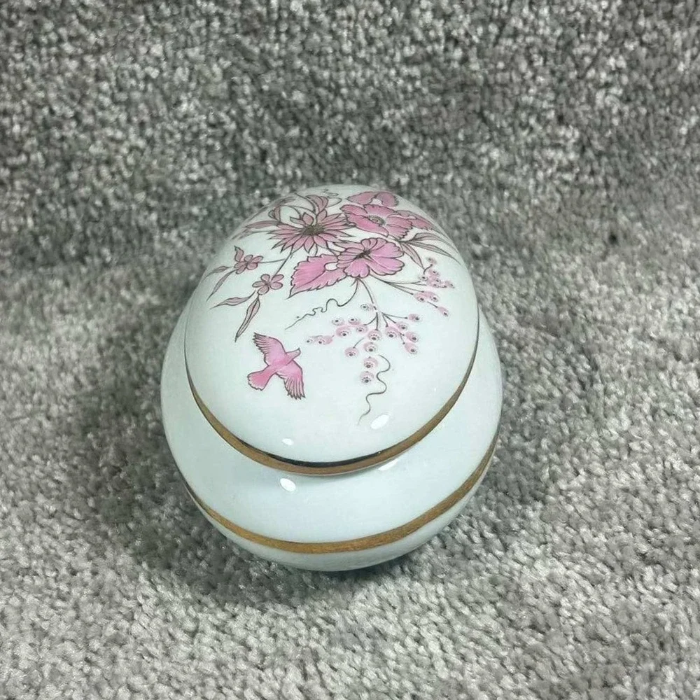 Reutter Porzellan Trinket Box White Pink Floral Bird Gold‎ Trim W Germany OS